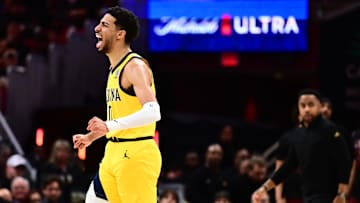 May 13, 2025; Cleveland, Ohio, USA; Indiana Pacers guard Tyrese Haliburton (0) celebrates during the second half against the Cleveland Cavaliers in game five of the second round for the 2025 NBA Playoffs at Rocket Arena. Mandatory Credit: Ken Blaze-Imagn Images