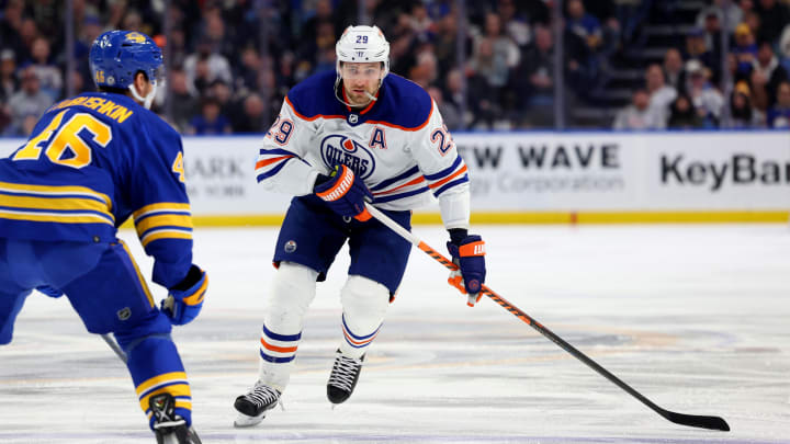 Mar 6, 2023; Buffalo, New York, USA;  Edmonton Oilers center Leon Draisaitl (29) skates up ice during the first period against the Buffalo Sabres at KeyBank Center. Mandatory Credit: Timothy T. Ludwig-USA TODAY Sports
