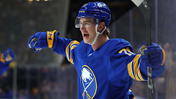 Oct 22, 2024; Buffalo, New York, USA;  Buffalo Sabres center Ryan McLeod (71) reacts after scoring a goal during the second period against the Dallas Stars at KeyBank Center. Mandatory Credit: Timothy T. Ludwig-Imagn Images