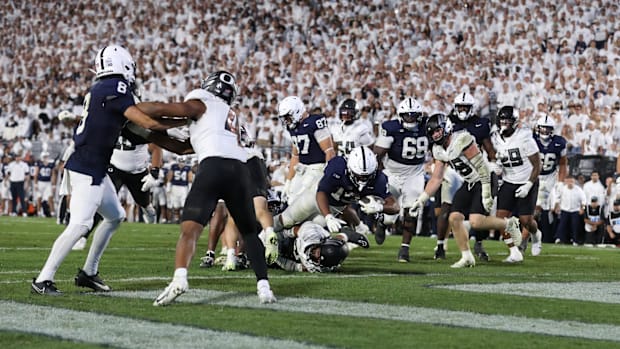 Sep 27, 2025; University Park, Pennsylvania, USA; Penn State Nittany Lions running back Kaytron Allen (13) runs for a touchdo