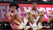 Mar 9, 2025; Piscataway, New Jersey, USA; Rutgers Scarlet Knights guard Dylan Harper (2) and Rutgers Scarlet Knights guard Ace Bailey (4) looks on during the second half against the Minnesota Golden Gophers at Jersey Mike's Arena. Mandatory Credit: Vincent Carchietta-Imagn Images