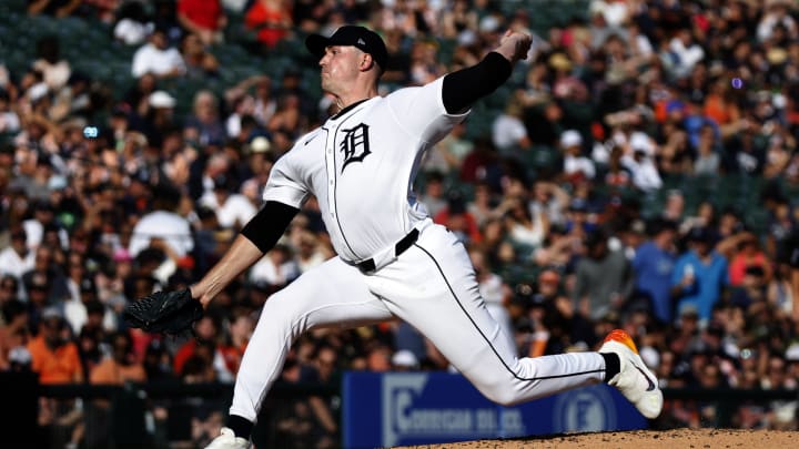 Jul 27, 2024; Detroit, Michigan, USA; Detroit Tigers pitcher Tarik Skubal (29) throws during the second inning against the Minnesota Twins at Comerica Park.