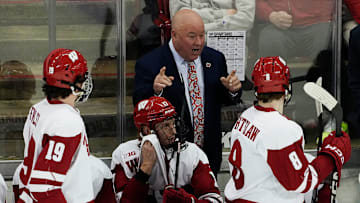 Wisconsin coach Mike Hastings speaks to forward William Whitelaw during the second period of the game against Michigan State on Saturday, March 2, 2024, at the Kohl Center in Madison, Wis.