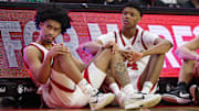 Mar 9, 2025; Piscataway, New Jersey, USA; Rutgers Scarlet Knights guard Dylan Harper (2) and Rutgers Scarlet Knights guard Ace Bailey (4) looks on during the second half against the Minnesota Golden Gophers at Jersey Mike's Arena. Mandatory Credit: Vincent Carchietta-Imagn Images
