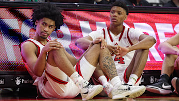 Mar 9, 2025; Piscataway, New Jersey, USA; Rutgers Scarlet Knights guard Dylan Harper (2) and Rutgers Scarlet Knights guard Ace Bailey (4) looks on during the second half against the Minnesota Golden Gophers at Jersey Mike's Arena. Mandatory Credit: Vincent Carchietta-Imagn Images