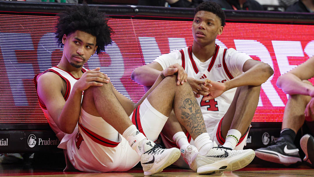 Mar 9, 2025; Piscataway, New Jersey, USA; Rutgers Scarlet Knights guard Dylan Harper (2) and Rutgers Scarlet Knights guard Ace Bailey (4) looks on during the second half against the Minnesota Golden Gophers at Jersey Mike's Arena. Mandatory Credit: Vincent Carchietta-Imagn Images