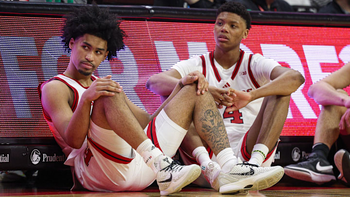 Mar 9, 2025; Piscataway, New Jersey, USA; Rutgers Scarlet Knights guard Dylan Harper (2) and Rutgers Scarlet Knights guard Ace Bailey (4) looks on during the second half against the Minnesota Golden Gophers at Jersey Mike's Arena. Mandatory Credit: Vincent Carchietta-Imagn Images