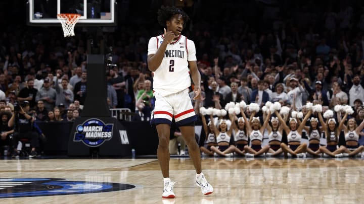 Mar 28, 2024; Boston, MA, USA; Connecticut Huskies guard Tristen Newton (2) reacts against the San Diego State Aztecs in the semifinals of the East Regional of the 2024 NCAA Tournament at TD Garden. Mandatory Credit: Winslow Townson-USA TODAY Sports