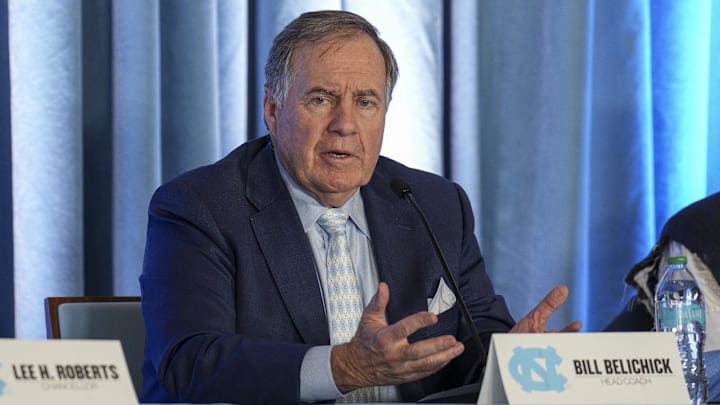 Dec 12, 2024; Chapel Hill, NC, USA; North Carolina Tar Heels new head coach Bill Belichick speaks to those attending his hiring announcement at Loudermilk Center for Excellence. Mandatory Credit: Jim Dedmon-Imagn Images Dec 12, 2024; Chapel Hill, NC, USA; North Carolina Tar Heels new head coach Bill Belichick speaks to those attending his hiring announcement at Loudermilk Center for Excellence. Mandatory Credit: Jim Dedmon-Imagn Images