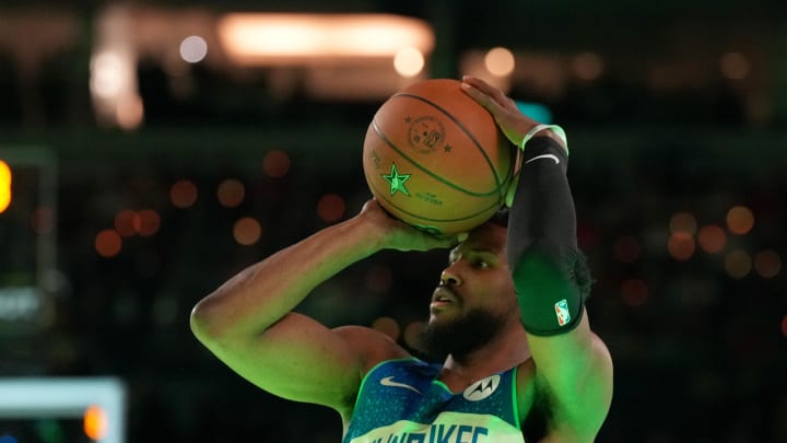 Feb 17, 2024; Indianapolis, IN, USA; Milwaukee Bucks guard Malik Beasley (5) shoots the ball during the three-point contest during NBA All Star Saturday Night at Lucas Oil Stadium. Mandatory Credit: Kyle Terada-USA TODAY Sports