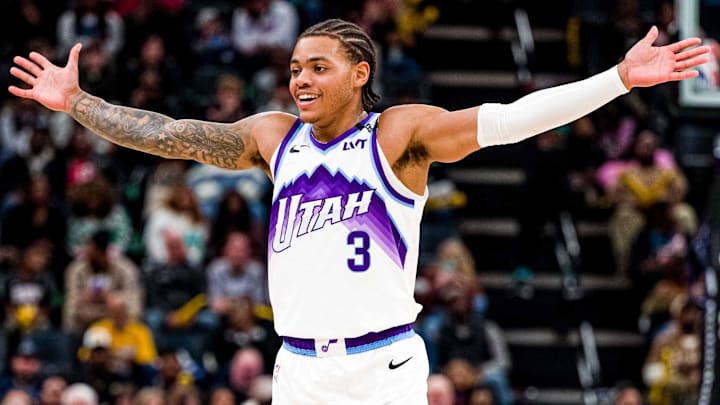 Dec 12, 2025; Memphis, Tennessee, USA; Utah Jazz guard Keyonte George (3) questions the foul call in the first half against the Memphis Grizzlies at FedExForum. Mandatory Credit: Matthew Smith-Imagn Images