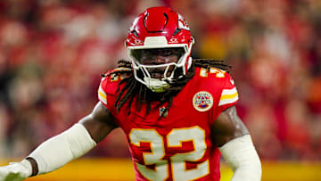 Oct 27, 2025; Kansas City, Missouri, USA; Kansas City Chiefs linebacker Nick Bolton (32) defends during the first half against the Washington Commanders at GEHA Field at Arrowhead Stadium. Mandatory Credit: Jay Biggerstaff-Imagn Images