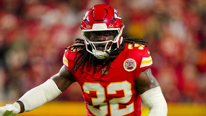 Oct 27, 2025; Kansas City, Missouri, USA; Kansas City Chiefs linebacker Nick Bolton (32) defends during the first half against the Washington Commanders at GEHA Field at Arrowhead Stadium. Mandatory Credit: Jay Biggerstaff-Imagn Images
