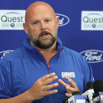 Jul 24, 2025; East Rutherford, NJ, USA; New York Giants head coach Brian Daboll talks with media during training camp at Quest Diagnostics Training Center. Mandatory Credit: Vincent Carchietta-Imagn Images