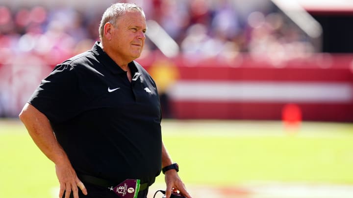 Oct 14, 2023; Tuscaloosa, Alabama, USA; Arkansas Razorbacks head coach Sam Pittman walks out onto the field to speak with an official during the second half against the Alabama Crimson Tide at Bryant-Denny Stadium. Mandatory Credit: John David Mercer-USA TODAY Sports