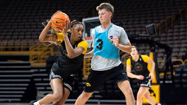 Iowa’s Jocelyn Faison drives toward the basket July 7, 2026 at Carver-Hawkeye Arena in Iowa City, Iowa.