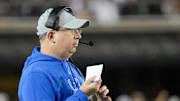 Sep 7, 2024; Columbia, Missouri, USA; Buffalo Bulls head coach Maurice Linguist watches play against the Missouri Tigers during the second half at Faurot Field at Memorial Stadium. Mandatory Credit: Denny Medley-Imagn Images