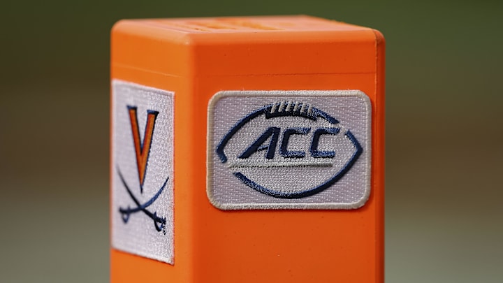 Nov 5, 2022; Charlottesville, Virginia, USA; A detailed view of the Virginia Cavaliers and ACC logos on the end zone pylon used during the game between the Virginia Cavaliers and the North Carolina Tar Heels at Scott Stadium. Mandatory Credit: Scott Taetsch-Imagn Images