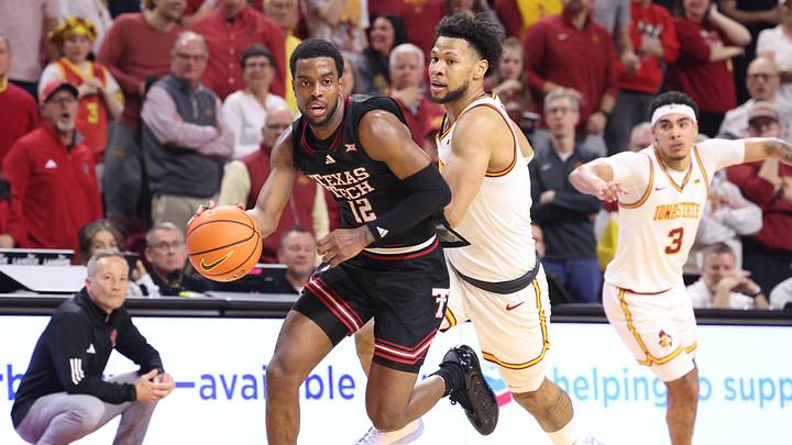 Feb 28, 2026; Ames, Iowa, USA; Iowa State Cyclones forward Joshua Jefferson (5) chases down Texas Tech Red Raiders forward Donovan Atwell (12) during the second half at James H. Hilton Coliseum. Mandatory Credit: Reese Strickland-Imagn Images