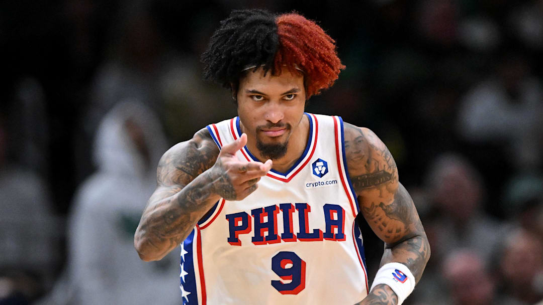 Apr 21, 2026; Boston, Massachusetts, USA; Philadelphia 76ers guard Kelly Oubre Jr. (9) reacts after making a three-point basket against the Boston Celtics in the second half of a game two of the first round of the 2026 NBA Playoffs at TD Garden. Mandatory Credit: Brian Fluharty-Imagn Images