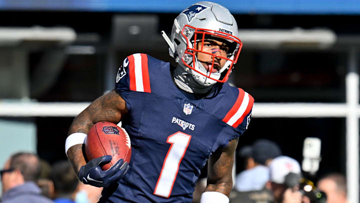 Nov 17, 2024; Foxborough, Massachusetts, USA; New England Patriots wide receiver Ja'Lynn Polk (1) warms up before a game against the Los Angeles Rams at Gillette Stadium. Mandatory Credit: Eric Canha-Imagn Images