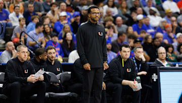Nov 16, 2025; Jacksonville, Florida, USA; Miami Hurricanes head coach Jai Lucas looks on against the Florida Gators during the first half at VyStar Veterans Memorial Arena. Mandatory Credit: Matt Pendleton-Imagn Images