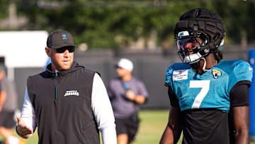 Jacksonville Jaguars Head Coach Liam Coen talks with Jacksonville Jaguars wide receiver Brian Thomas Jr. during an NFL training camp session ten at the Miller Electric Center, Tuesday, Aug. 5, 2025, in Jacksonville, Fla. [Doug Engle/Florida Times-Union]