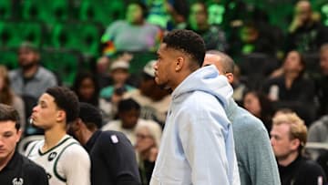 Oct 9, 2025; Milwaukee, Wisconsin, USA;  Milwaukee Bucks forward Giannis Antetokounmpo (34) looks on during game against the Detroit Pistons at Fiserv Forum. Mandatory Credit: Benny Sieu-Imagn Images