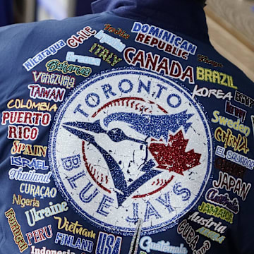 The back of the Toronto Blue Jays “Home Run Jacket” worn by Vladimir Guerrero Jr. in the dugout during a game against the Texas Rangers at Globe Life Field on Sept 19.