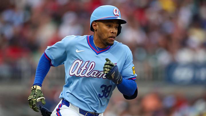 May 16, 2026; Atlanta, Georgia, USA; Atlanta Braves right fielder Jose Azocar (38) hits a double against the Boston Red Sox in the third inning at Truist Park. Mandatory Credit: Brett Davis-Imagn Images
