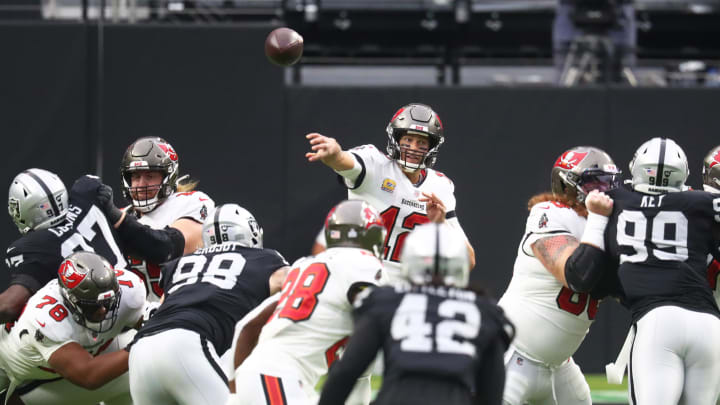 Oct 25, 2020; Paradise, Nevada, USA; Tampa Bay Buccaneers quarterback Tom Brady (12) against the Las Vegas Raiders in the first half at Allegiant Stadium. Mandatory Credit: Mark J. Rebilas-USA TODAY Sports