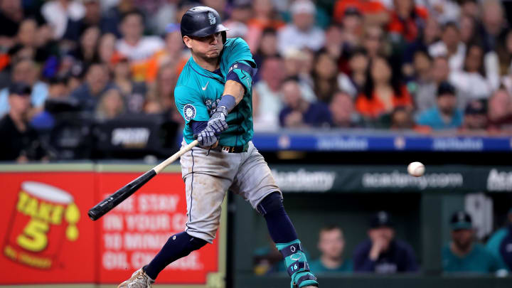 Seattle Mariners third baseman Luis Urias hits an RBI single against the Houston Astros on May 5 at Minute Maid Park.