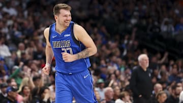 Apr 10, 2022; Dallas, Texas, USA;  Dallas Mavericks guard Luka Doncic (77) reacts during the game