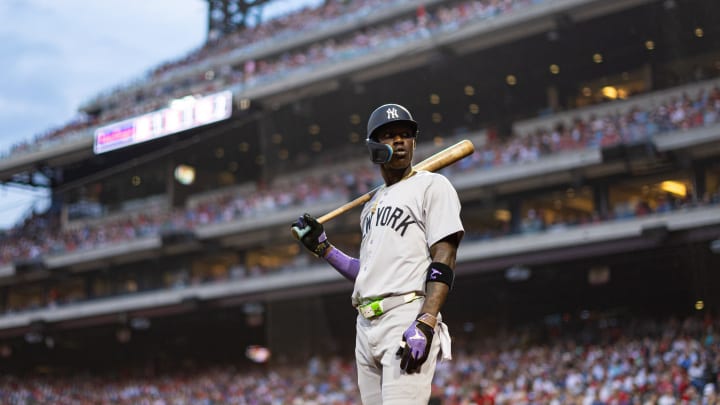 Jul 30, 2024; Philadelphia, Pennsylvania, USA; New York Yankees third base Jazz Chisholm Jr. (13) prepares to bat against the Philadelphia Phillies during the fifth inning at Citizens Bank Park. Mandatory Credit: Bill Streicher-USA TODAY Sports