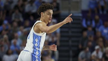 Nov 25, 2025; Fort Myers, Florida, USA; North Carolina Tar Heels guard Kyan Evans (0) reacts after a basket against the St. Bonaventure Bonnies in the first half at Suncoast Credit Union Arena. Mandatory Credit: Nathan Ray Seebeck-Imagn Images