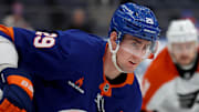 Jan 24, 2025; Elmont, New York, USA; New York Islanders center Brock Nelson (29) skates against the Philadelphia Flyers during the first period at UBS Arena. Mandatory Credit: Brad Penner-Imagn Images