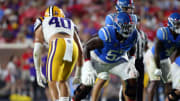 Sep 30, 2023; Oxford, Mississippi, USA; Mississippi Rebels offensive linemen Micah Pettus (57) lines up prior to the snap during the second half against against the LSU Tigers at Vaught-Hemingway Stadium. Mandatory Credit: Petre Thomas-USA TODAY Sports