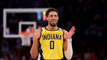 May 19, 2024; New York, New York, USA; Indiana Pacers guard Tyrese Haliburton (0) reacts during the fourth quarter of game seven of the second round of the 2024 NBA playoffs against the New York Knicks at Madison Square Garden. Mandatory Credit: Brad Penner-USA TODAY Sports