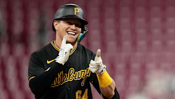 Pittsburgh Pirates designated hitter Diego Castillo (64) celebrates a two-run home run in the fifth inning of the MLB National League game between the Cincinnati Reds and the Pittsburgh Pirates at Great American Ball Park in downtown Cincinnati on Monday, Sept. 12, 2022. The Pirates led 6-2 in the top of the sixth inning.

Pittsburgh Pirates At Cincinnati Reds