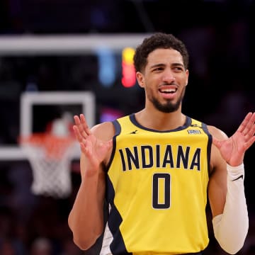 May 19, 2024; New York, New York, USA; Indiana Pacers guard Tyrese Haliburton (0) reacts during the fourth quarter of game seven of the second round of the 2024 NBA playoffs against the New York Knicks at Madison Square Garden. Mandatory Credit: Brad Penner-USA TODAY Sports