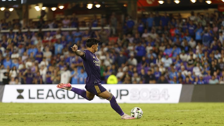 Aug 9, 2024; Orlando, Florida, USA; Orlando City midfielder Dagur Dan Thorhallsson (17) takes a penalty kick against Cruz Azul at INTER&CO Stadium. Mandatory Credit: Morgan Tencza-Imagn Images