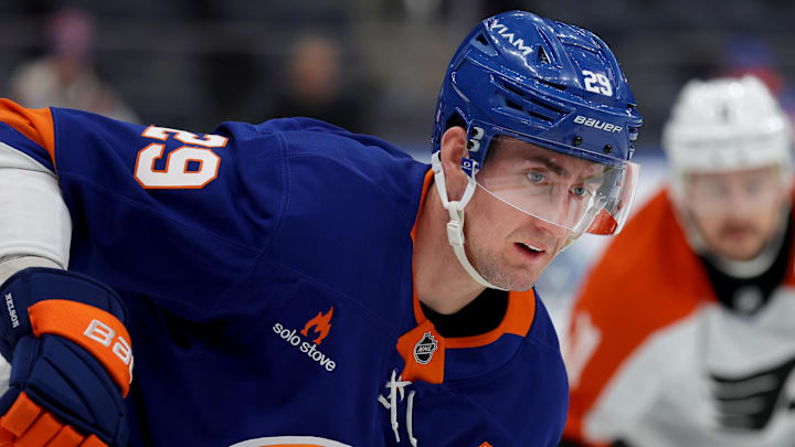Jan 24, 2025; Elmont, New York, USA; New York Islanders center Brock Nelson (29) skates against the Philadelphia Flyers during the first period at UBS Arena. Mandatory Credit: Brad Penner-Imagn Images