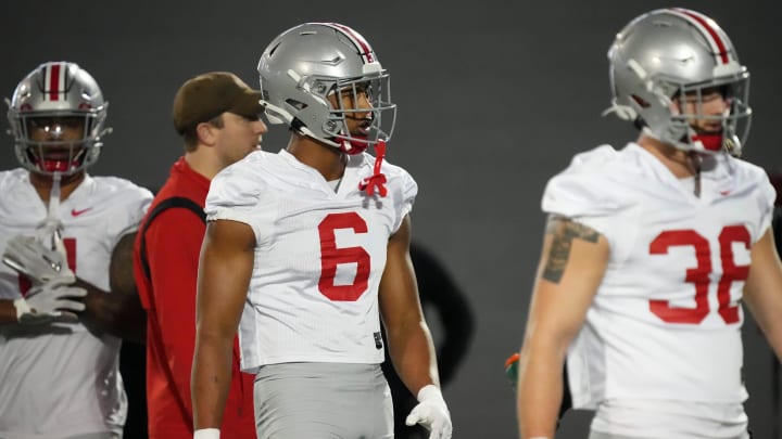 Mar 7, 2024; Columbus, OH, USA; Ohio State Buckeyes linebacker Sonny Styles (6) works out with the linebackers during spring football practice at the Woody Hayes Athletic Center.