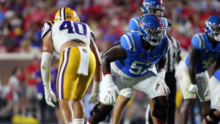 Sep 30, 2023; Oxford, Mississippi, USA; Mississippi Rebels offensive linemen Micah Pettus (57) lines up prior to the snap during the second half against against the LSU Tigers at Vaught-Hemingway Stadium. Mandatory Credit: Petre Thomas-USA TODAY Sports