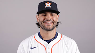 Feb 20, 2025; West Palm Beach, FL, USA;  Houston Astros pitcher Lance McCullers Jr. (43) poses for a photo at the Houston Astros media day.