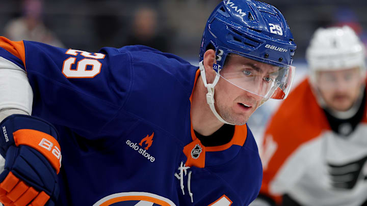 Jan 24, 2025; Elmont, New York, USA; New York Islanders center Brock Nelson (29) skates against the Philadelphia Flyers during the first period at UBS Arena. Mandatory Credit: Brad Penner-Imagn Images