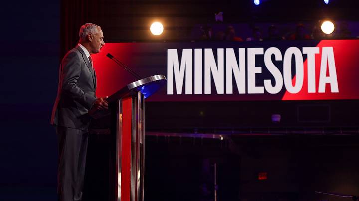 Jul 13, 2025; Atlanta, GA, USA; MLB Commissioner Rob Manfred announces the pick for the Minnesota Twins during the MLB Draft at The Coca-Cola Roxy. Mandatory Credit: Brett Davis-Imagn Images
