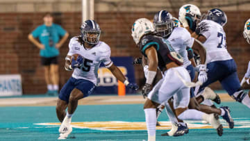 Oct 1, 2022; Conway, South Carolina, USA; Georgia Southern Eagles running back Jalen White (25) runs the ball in the first quarter against the Coastal Carolina Chanticleers at Brooks Stadium. Mandatory Credit: David Yeazell-USA TODAY Sports