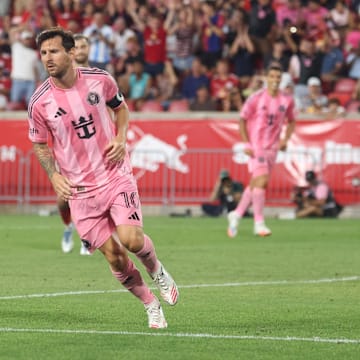 Jul 19, 2025; Harrison, New Jersey, USA; Inter Miami CF forward Lionel Messi (10) celebrates after scoring a goal 