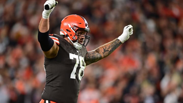 Sep 22, 2022; Cleveland, Ohio, USA; Cleveland Browns offensive tackle Jack Conklin (78) celebrates after a touchdown by wide receiver Amari Cooper (not pictured) during the first quarter against the Pittsburgh Steelersat FirstEnergy Stadium. Mandatory Credit: David Dermer-USA TODAY Sports